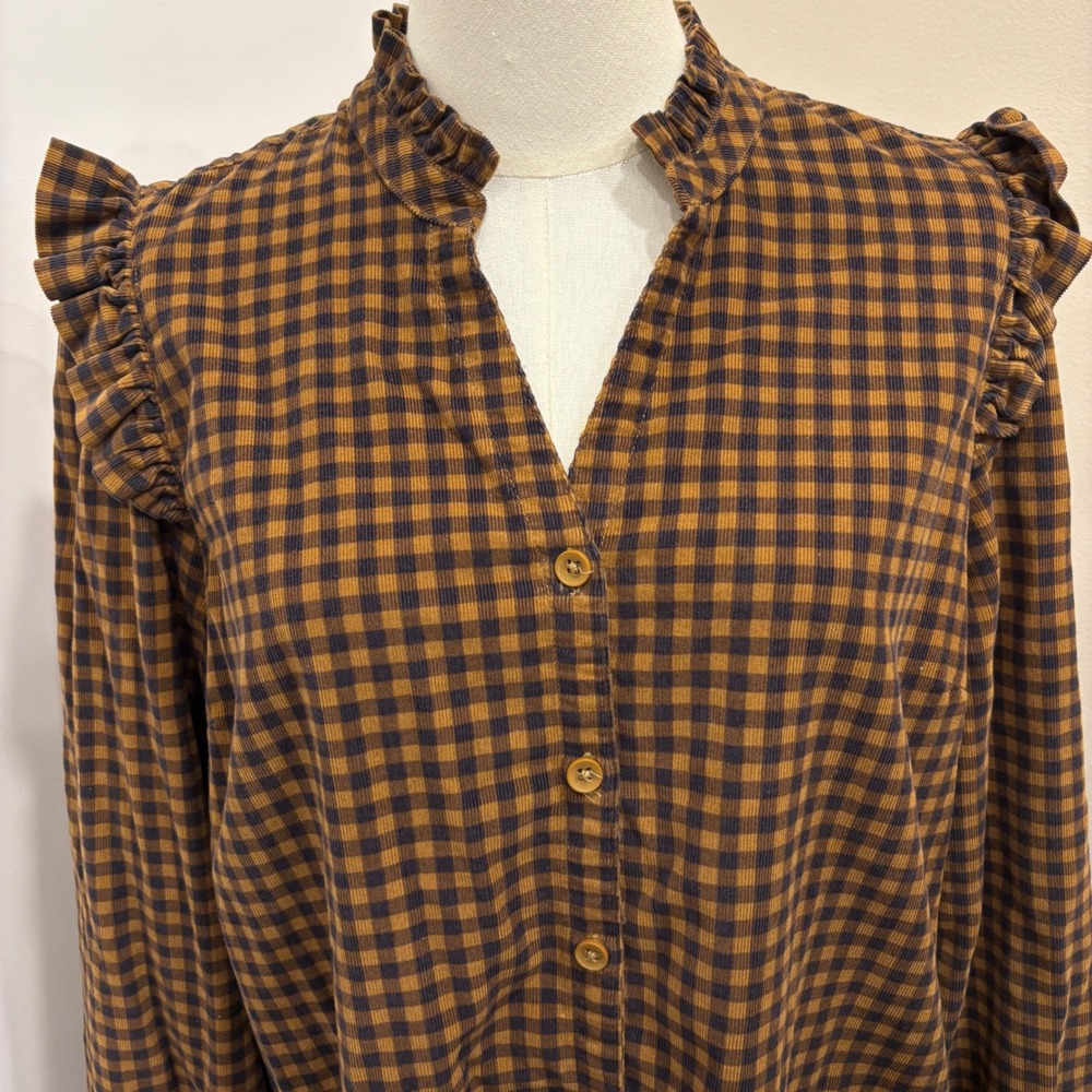 Garnet Hill Daphne Corduroy Dress Brown Check Plaid Gingham Ruffle Mock Neck M - Picture 4 of 11